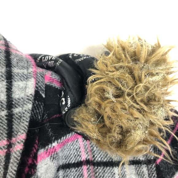 Victoria's Secret Pink Plaid jacket Coat detachable fur hood - Picture 2 of 11